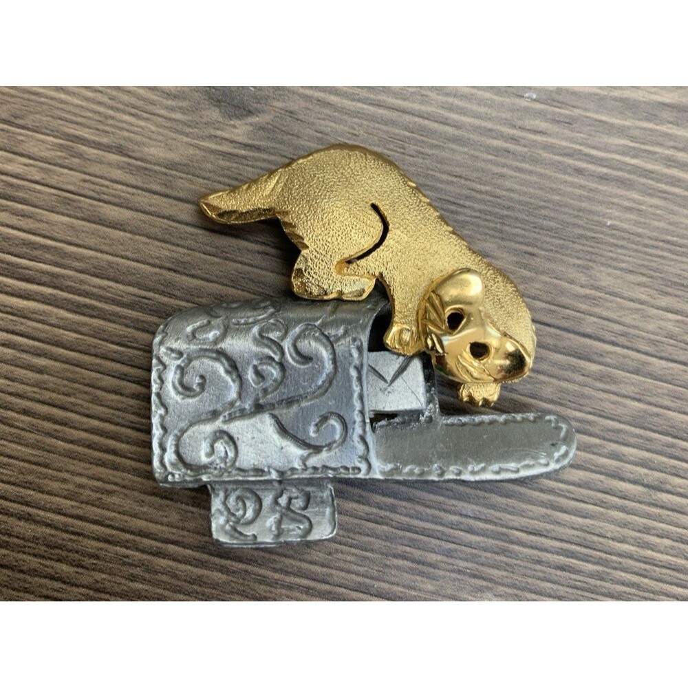 Vintage Ultra Craft Cat Mailbox Brooch Two Tone Figural Novelty Signed